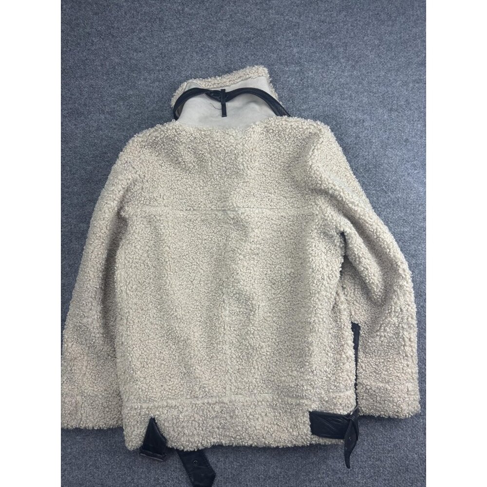 Zara Woman Jacket Womens Small Beige Sherpa Teddy Fleece Biker Moto Zip Pockets - Picture 8 of 8